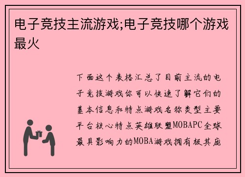 电子竞技主流游戏;电子竞技哪个游戏最火